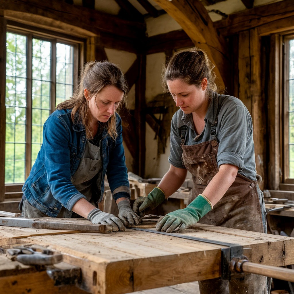 Sarah Thompson working on Tudor timber frame restoration